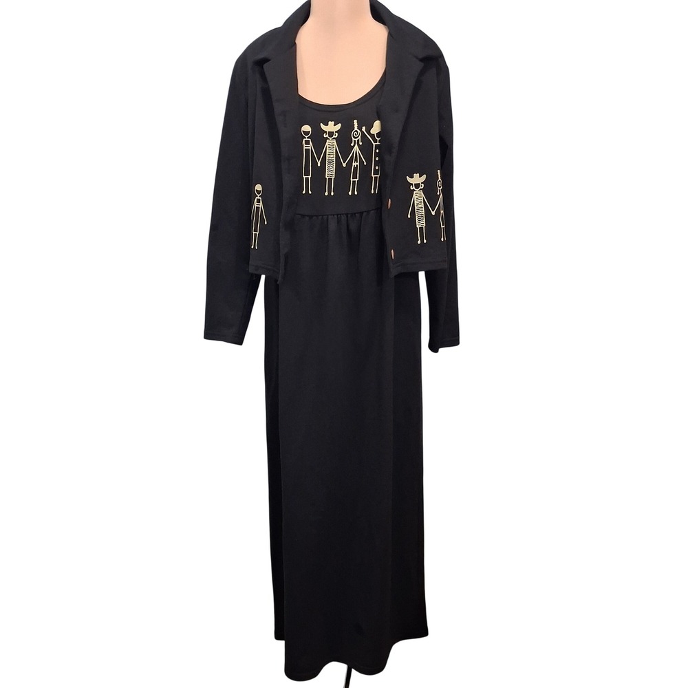 Alexandra Lee Womens Black Tan Stick Figure Graphic Maxi Dress and Jacket Set 10